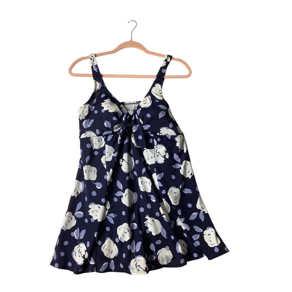 Croft & Barrow Womens Navy Blue Floral Polka Dot Swim Dress Size‎ 16 One Piece